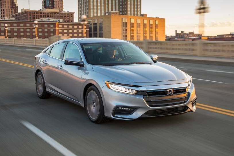 Honda Insight EX 2019 in Lunar Silver, front three-quarter on the road