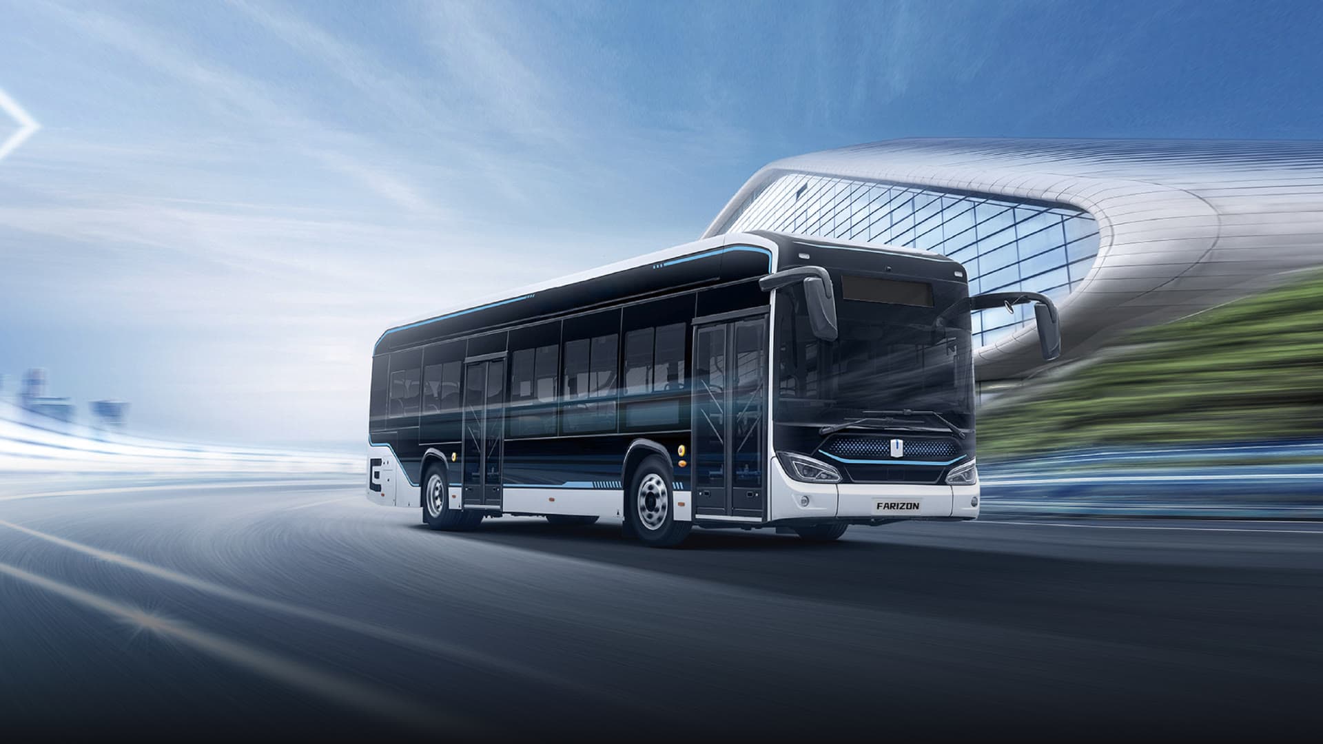 Farizon 12-metre electric city bus in motion — official Geely Farizon imagery